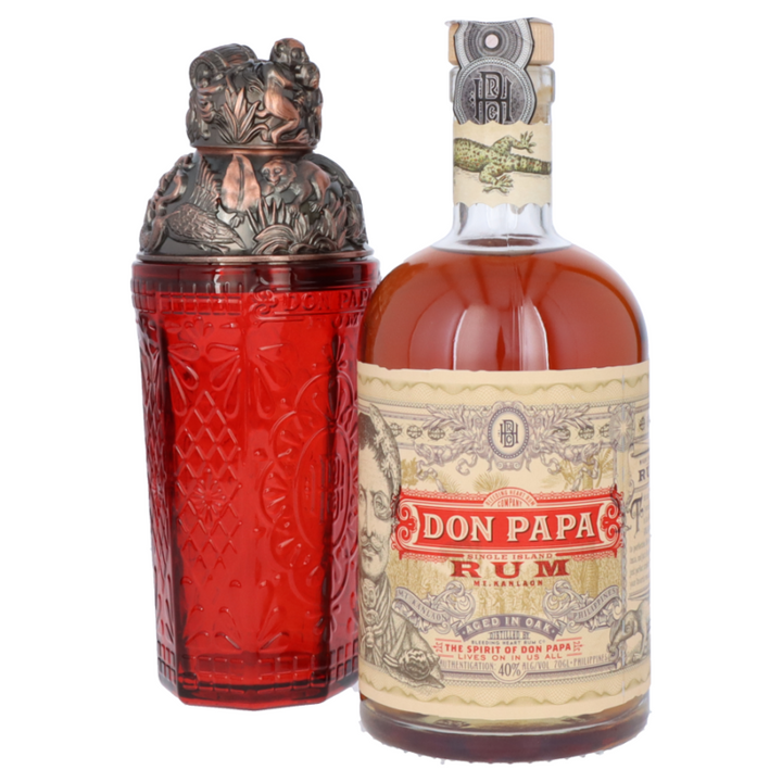 Don Papa Shaker Box 7 Jahre Single Island 0,7L + Shaker aus Glas