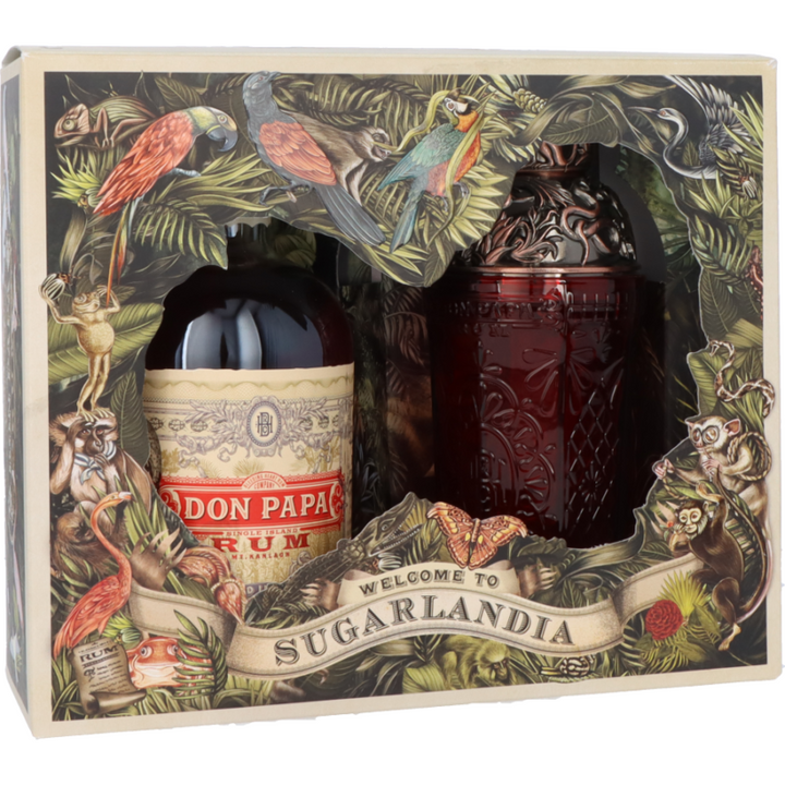 Don Papa Shaker Box 7 Jahre Single Island 0,7L + Shaker aus Glas