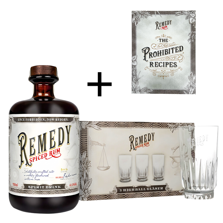 Remedy Spiced Rum I Geschenkset I 3er Set Cocktailgläser Original Remedy I Remedy Cocktail Rezeptbuch I Feine Noten von Vanille, Orangenschale & Zimt I 41,5 % vol. I 1 x 0,7l