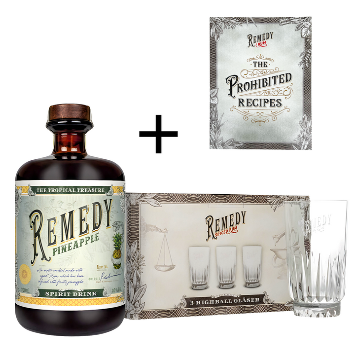 Remedy Rum Pineapple I Geschenkset I 3er Set Cocktailgläser Original Remedy I Remedy Cocktail Rezeptbuch I Feine Noten von Vanille, Orangenschale & Zimt I 41,5 % vol. I 1 x 0,7l