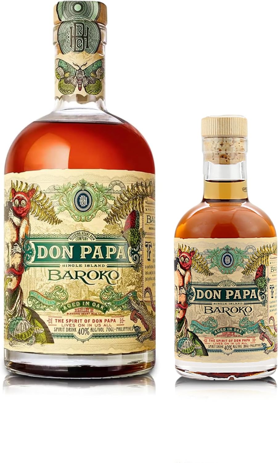 Don Papa Baroko | Duo-Pack Große und Kleine Flasche | Exotischer Geschmack | Aus "Black Gold" Melasse gebrannt | 40% Vol. | 0,7L + 0,2L
