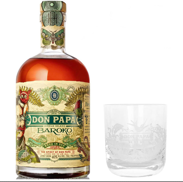 Don Papa Baroko Rum (0.7 L) 40% Vol. with three original Don Papa glasses